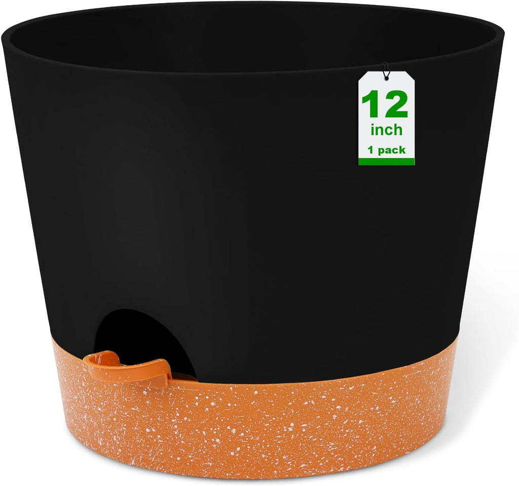 GARDIFE 12 inch Plant Pots, planters, Self Watering Pots, Large Plastic Flower pots with Deep Reservior and High Drainage Holes for Indoor Outdoor Plants and Flowers, Black