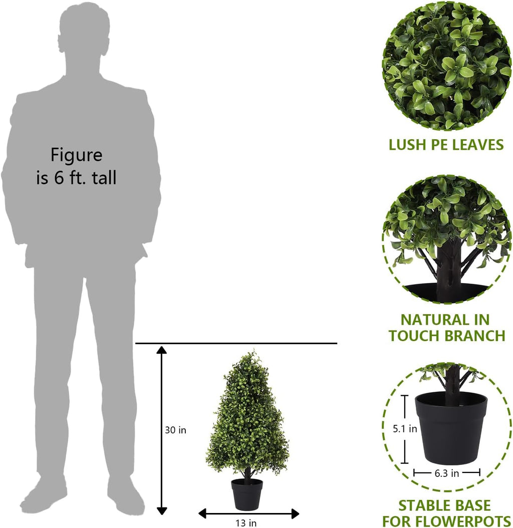 30" Artificial Boxwood Topiary Trees Outdoor Set of 2 - UV Resistant Faux Plants for Front Porch Outside Planter, Realistic Fake Cone-Shaped Bushes & Shrubs 2.5ft