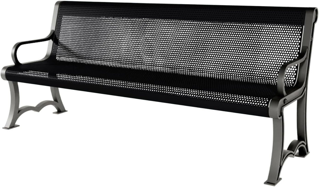 Coated Outdoor Furniture Heavy-Duty Outdoor Bench Thermoplastic Coated, Punched Steel, Commercial-Grade Garden Bench, Made in America (Portable with Back, 6 Ft, Black)