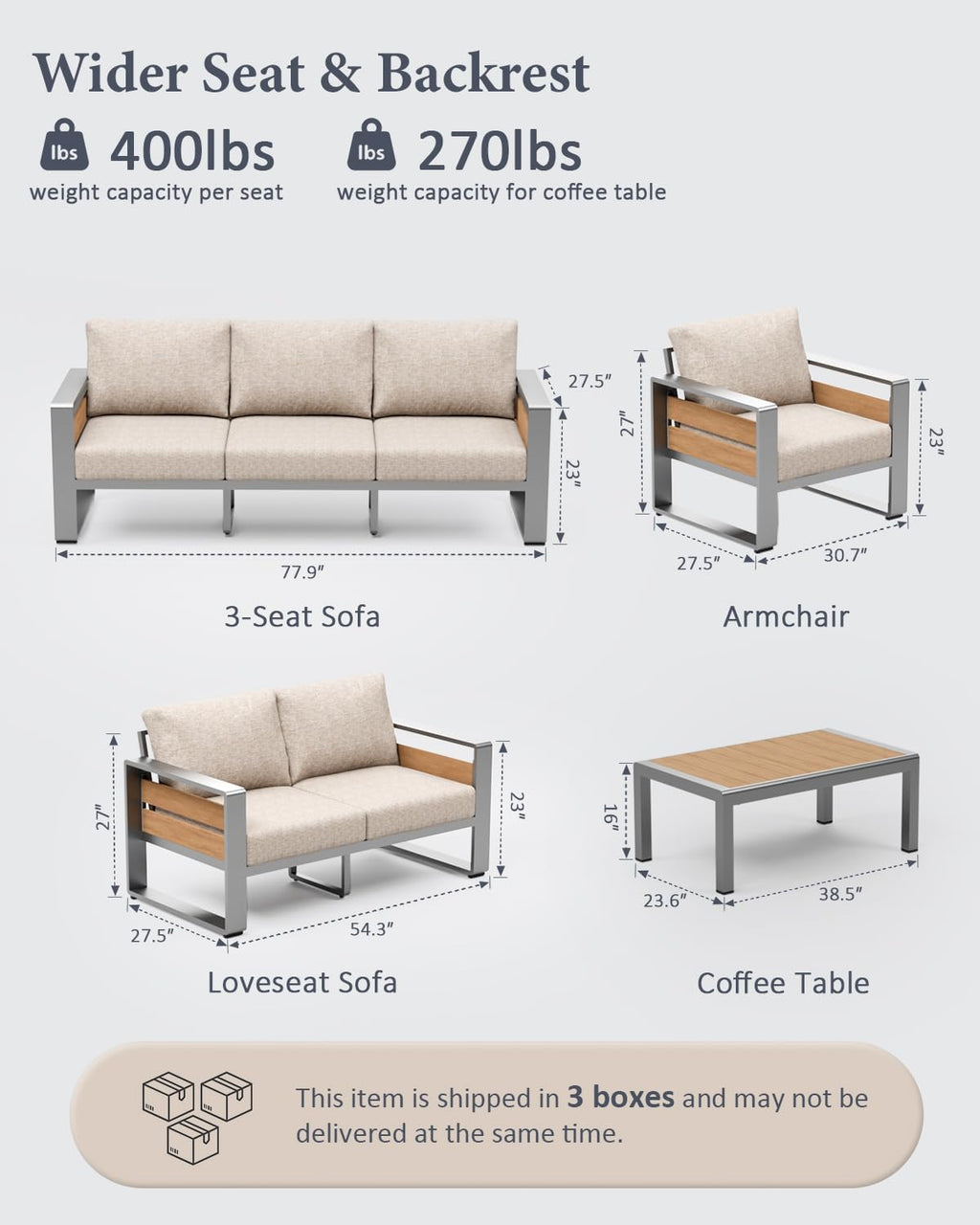 ZANDOR Outdoor Patio Conversation Sets, 4-Piece Aluminum Metal Outside Sectional Lawn Furniture with Coffee Table & Washable Thick Cushions,Seating Sofa for Garden/Backyard/Porch, Silver