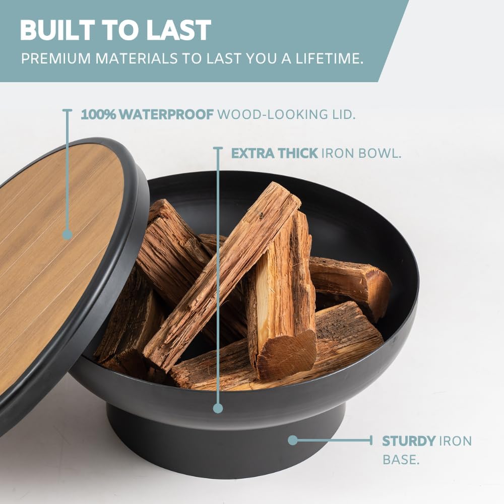 Iron Fire Pit Table with Lid, Extra Thick and Heavy Duty Fire Bowl, Deep Round Firepit for Outdoor Bonfire Gatherings, Wood Burning Firepits for Outside Patio, Modern Outdoor Fire Pits