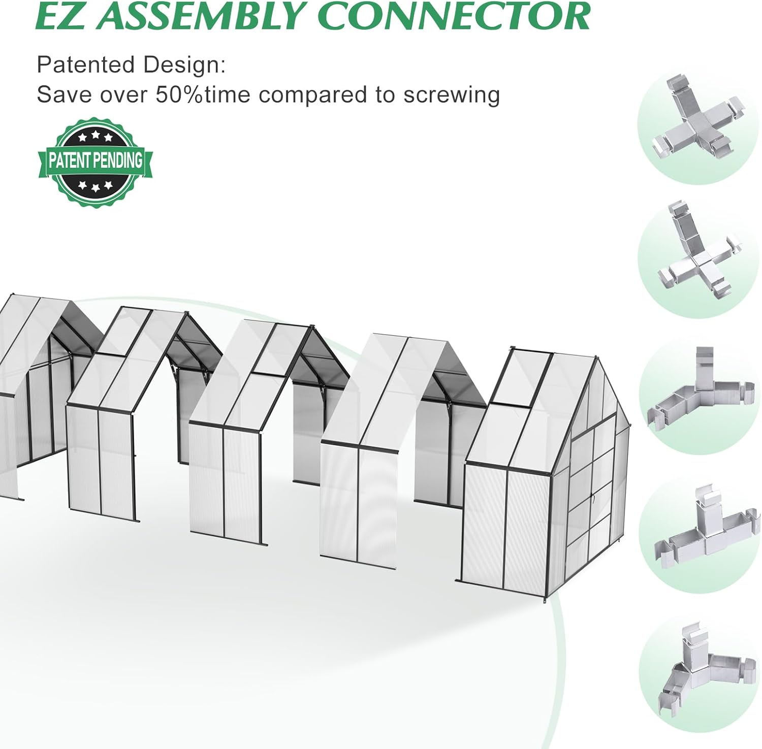 10'x10'x20' Snap-Together Greenhouse - Easy 3-Way Connectors, Heavy-Duty Aluminum Frame, Wind/Snow Resistant for Gardening/Urban Farming, Includes Sliding Door & Ventilation Windows