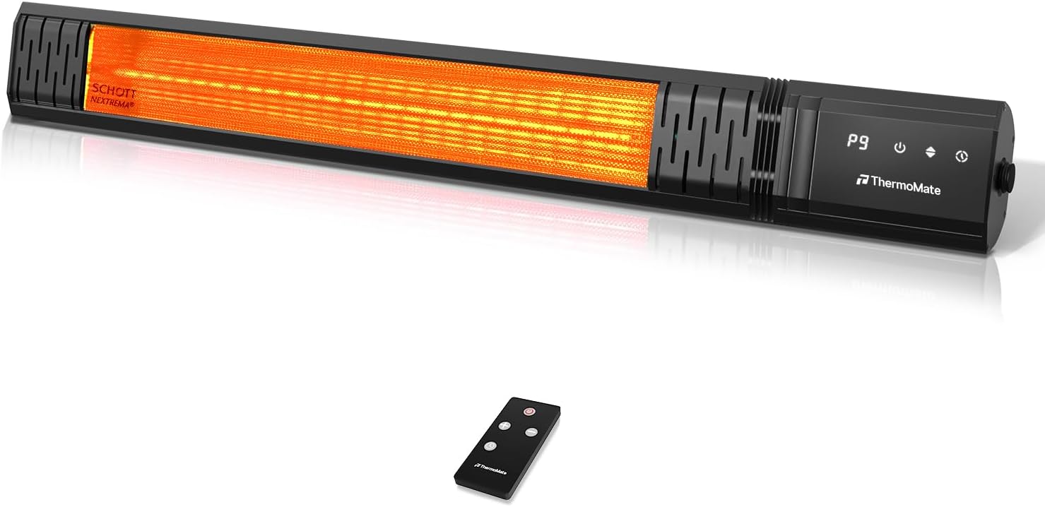 Small Outdoor Heater for Patio, thermomate 1500W IP65 Electric Infrared Heater with Low Glare Schott Glass, 9 Heating Levels & 24H Timer, Plug-in 120V Black