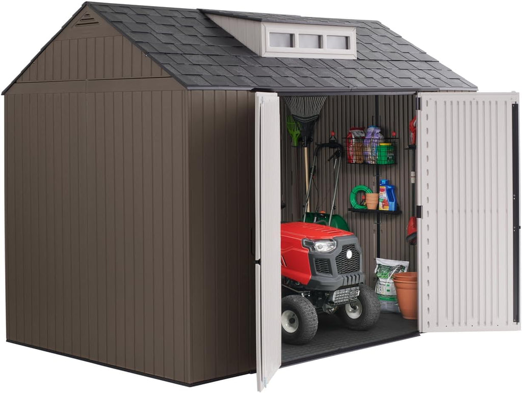 Rubbermaid Extra Large Resin Outdoor Storage Shed With Floor (7 x 10.5 Ft.) Weather Resistant Brown Organization for Home/Lawn Mower/Backyard Equipment/Bike Storage/Pool Supplies