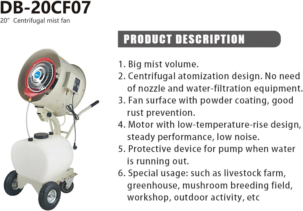 "Commercial Outdoor Mist Cooling Fan - Ideal for Stores, Carnivals, Stadiums, Yards - 55L Water Tank, 12-Hour Continuous Operation, Connects to Water Supply, Cools 1400 sq ft" (110V-550W-20inch)