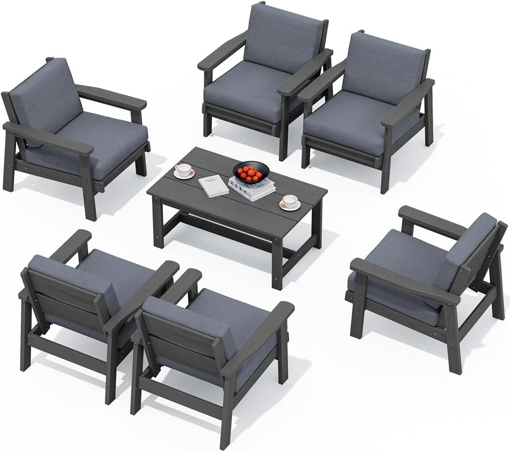 SERWALL HDPE Outdoor Furniture Set, 7 Piece All Weather Wood-Like Outdoor Sofa Sectional Couch, Grey Patio Furniture Set with Grey Cushions