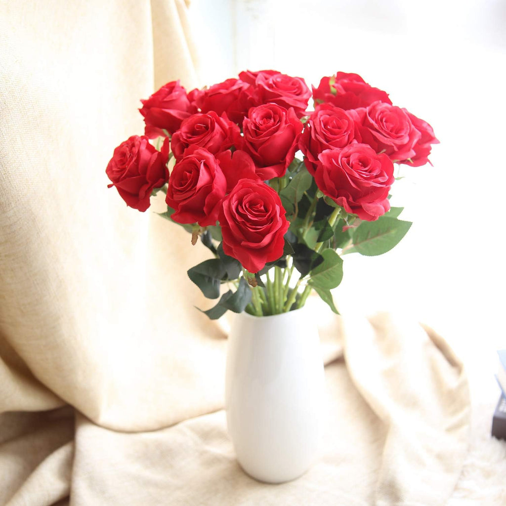 AMZALI Artificial Flowers, Real Looking Blush Fake Rose Long Stem Silk Artificial Rose Flowers Home Decor for Bridal Wedding Bouquet, Centerpieces Birthday Flowers Party Garden Floral Arrangement Red