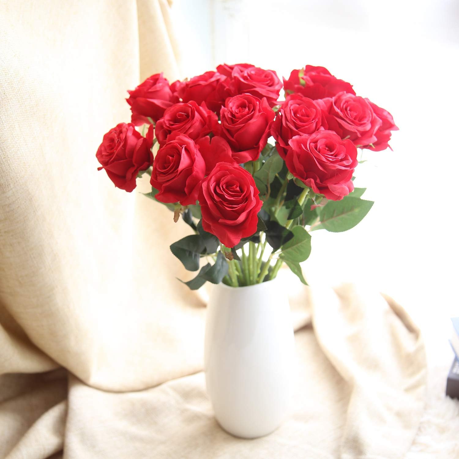 AMZALI Artificial Flowers, Real Looking Blush Fake Rose Long Stem Silk Artificial Rose Flowers Home Decor for Bridal Wedding Bouquet, Centerpieces Birthday Flowers Party Garden Floral Arrangement Red