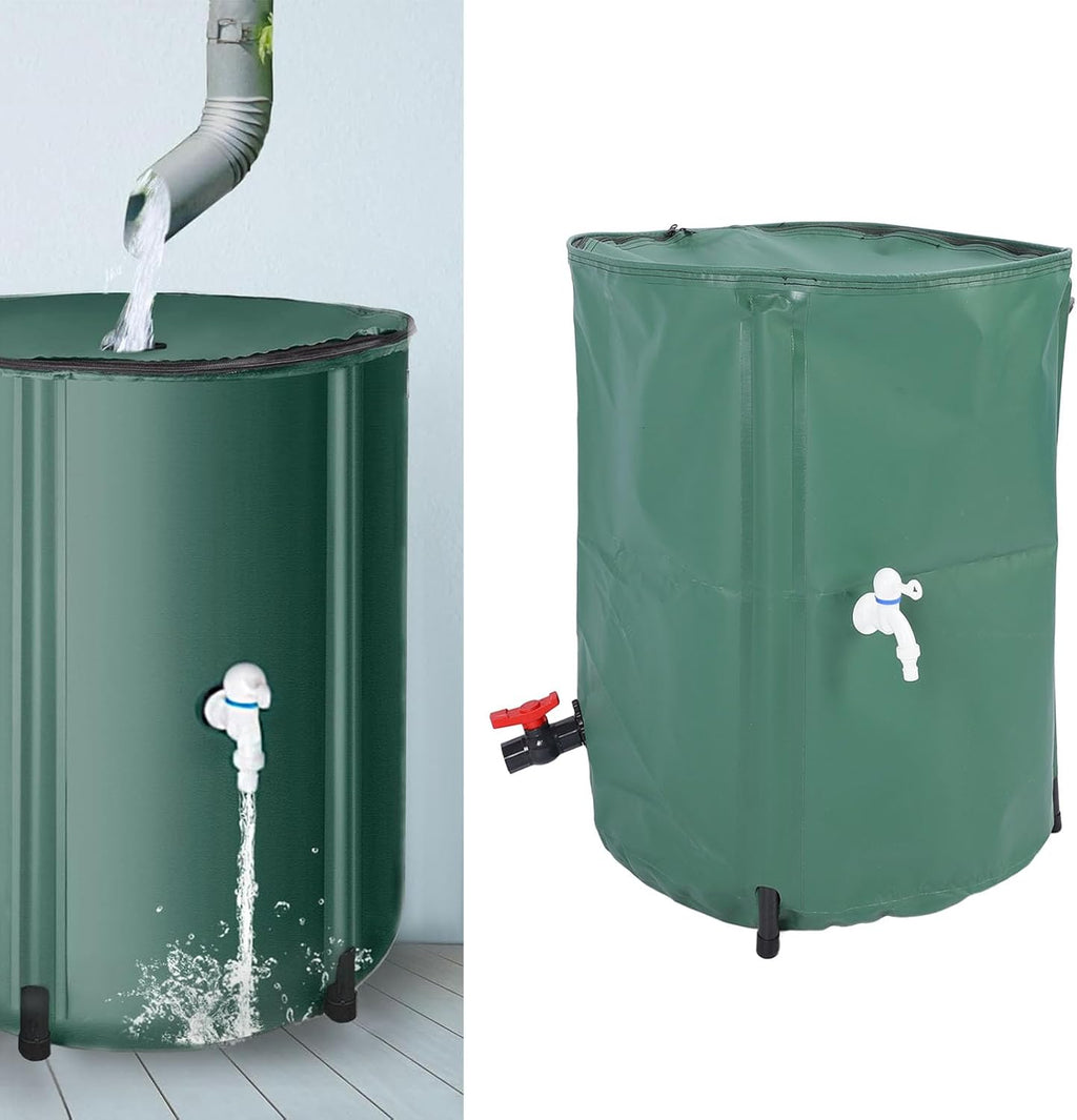 Rain Barrel, 53 Gallon Portable Foldable Rain Water Collection Tank Collapsble Rainwater Storage Container Water Collect System Downspout with 2 Spigots for Garden Landscape