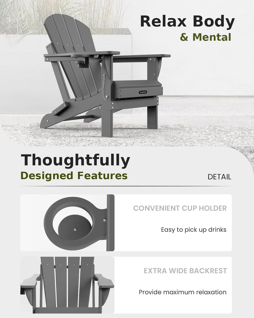 MUCHENGHY Folding Adirondack Chairs HDPE Weather Resistant 6 Pack, Patio Firepit Chairs, Sturdy Outside Chairs, Lawn Chairs, 15min Assembly 380lb Grey