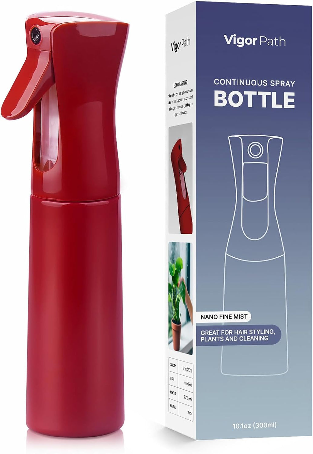 VIGOR PATH Continuous Spray Bottle with Ultra Fine Mist - Versatile Water Sprayer for Hair, Home Cleaning, Salons, Plants, Aromatherapy, and More - Empty Hair Spray Bottle - 300ml/10.1oz (Red)