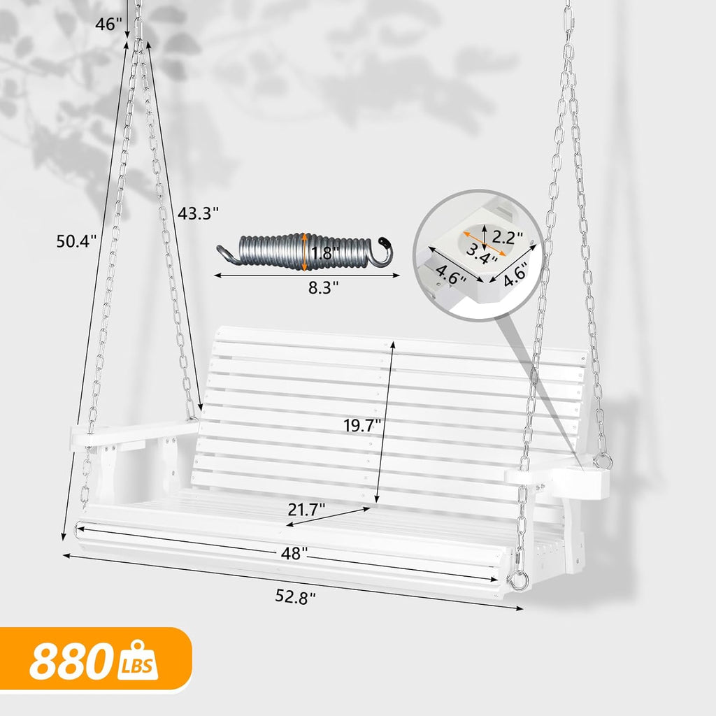 VINGLI XL Size Patio Wooden Porch Swing Outdoor with Cup Holders, Heavy Duty 880 LBS Hanging Swing Chair Bench with Hanging Chains for Yard, Lawn, Garden (4 FT Pro, White)