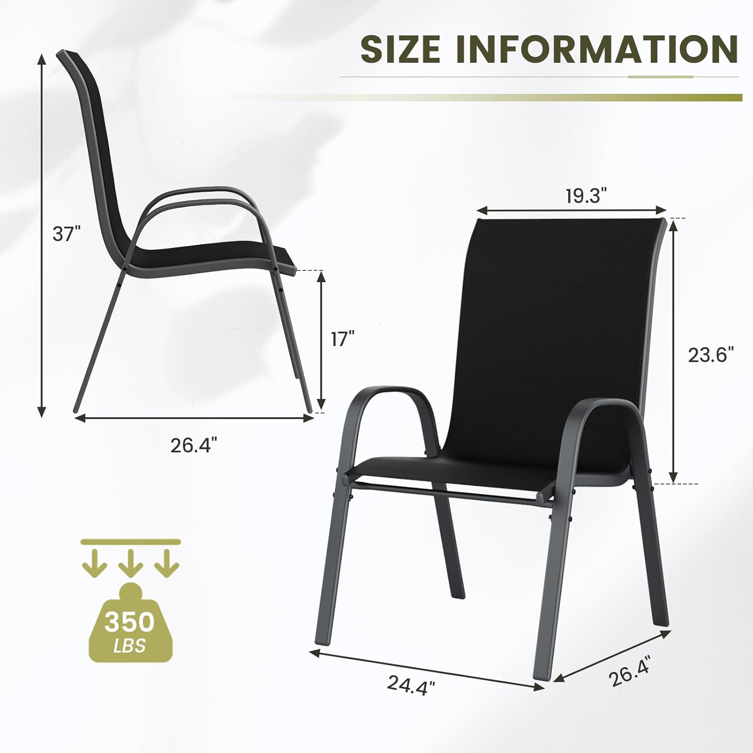 UDPATIO Patio Chairs Set of 4, Stackable Outdoor Dining Chairs with High Back, Breathable Textilene Fabric Outdoor Chair All Weather, 350LBS Capacity for Garden, Backyard (Black)