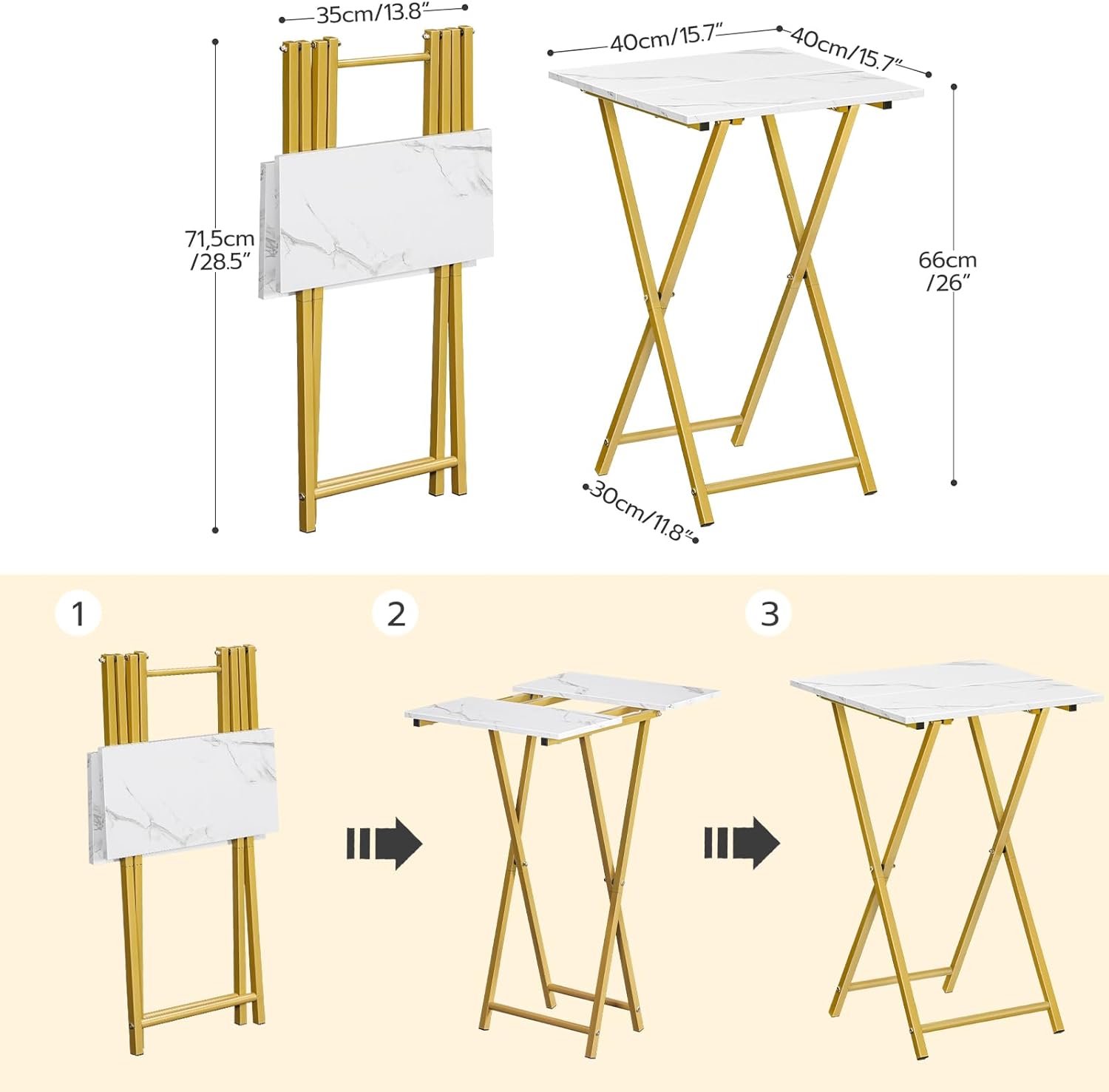 HOOBRO Folding TV Tray Tables, Set of 2 Wooden TV Tray, Portable Sofa Side Table, Industrial Snack Table End Table for Small Spaces, Space-Saving, Easy to Install and Fold, Marble and Gold DM27BZP201