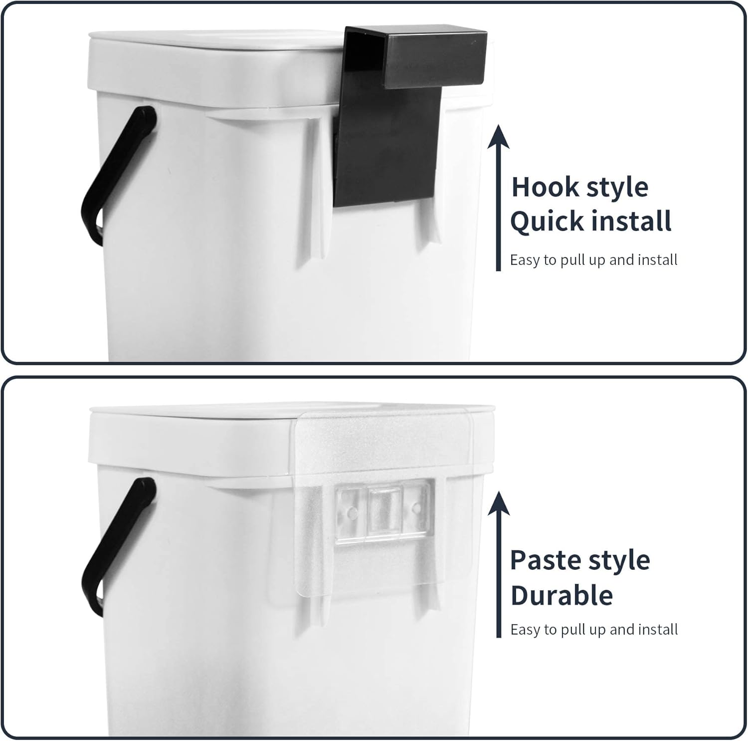 Domiella 2 Pack 1.3 + 0.8Gal Hanging Small Trash Can with Lid, Kitchen Compost Bin for Counter Top Under Sink, Sealed Food Waste Bin, Mountable Indoor Compost Bucket for Cupboard/Bathroom (White)