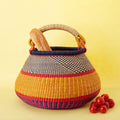Home & Kitchen Decor, Wicker Basket, Picnic Basket, Living Room Basket, Organizing, Harvesting, Foraging, Fruit Storage, Hand Woven, Pot Shape, 16" Wide, Boho - Red Blue