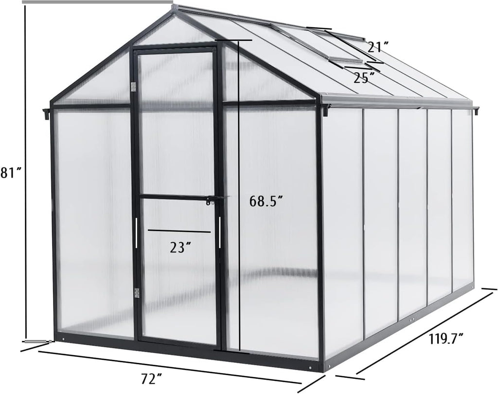 BPS 6' x 10' Walk-in Polycarbonate Greenhouse with Heavy-Duty Aluminum Frame, 2 Vent Windows & Lockable Door for Outdoor, Patio, Backyard, and Garden Use