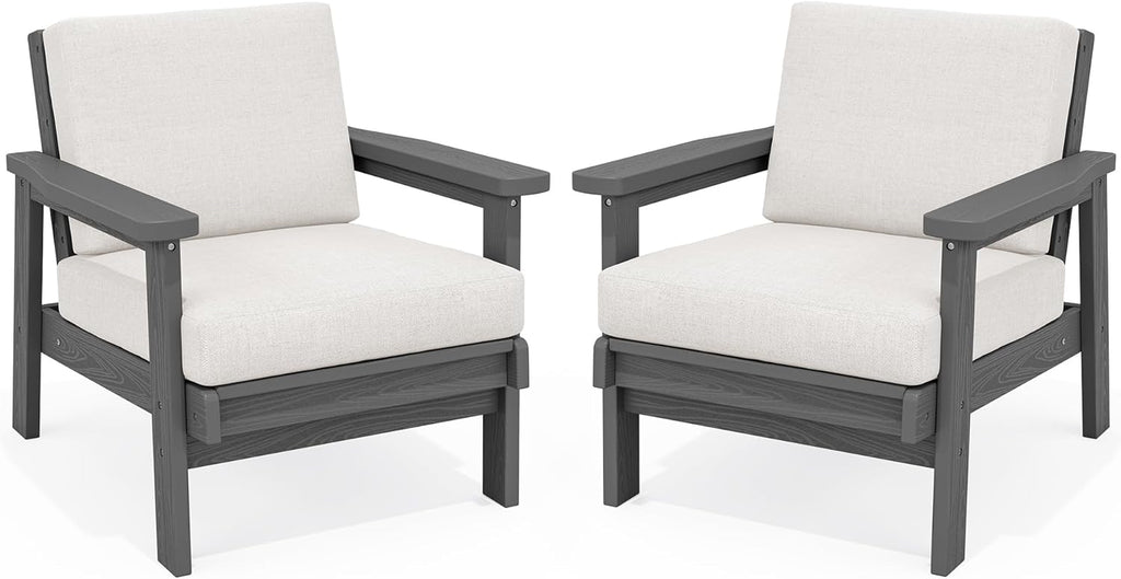 SERWALL HDPE Outdoor Couch Set of 2, All-Weather Wood-Like Outdoor Patio Furniture Set, Outdoor Sofa Chairs with Khaki Cushions