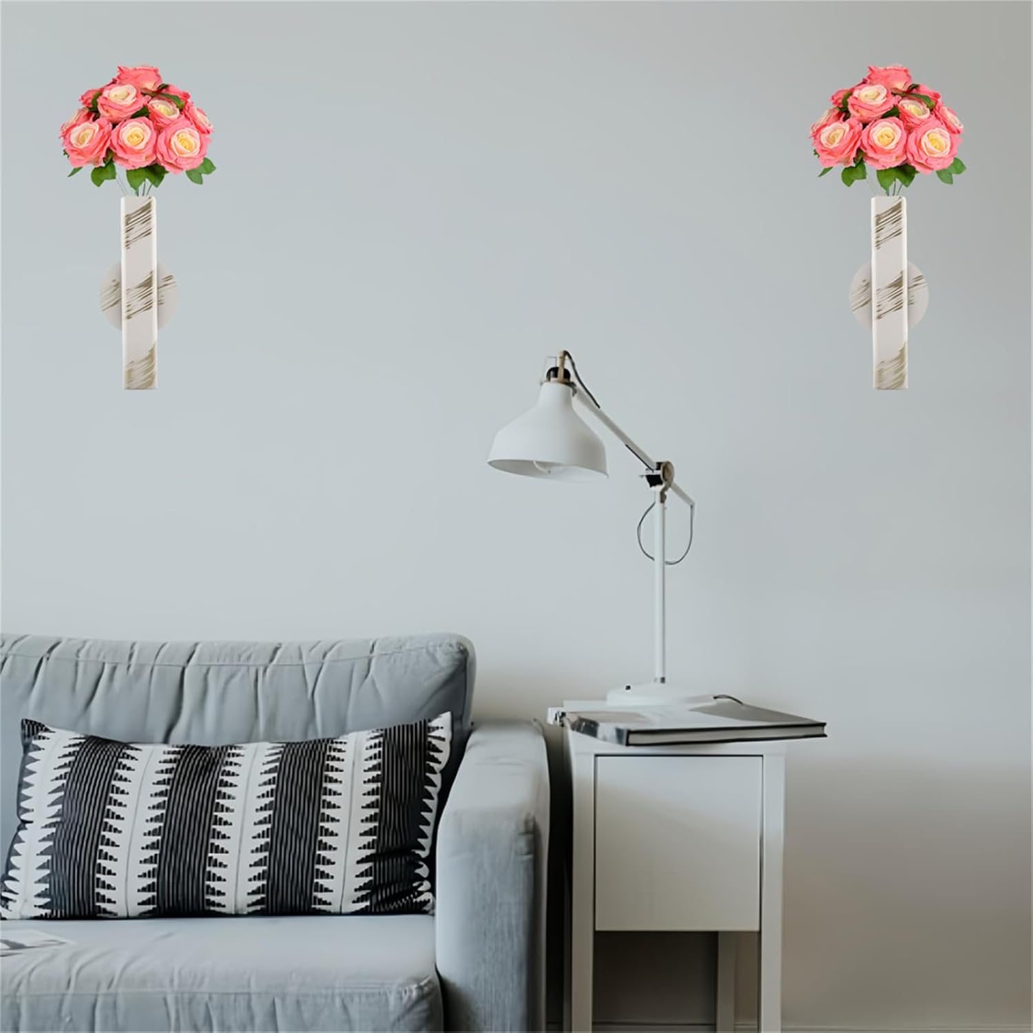 Self Adhesive Wall Vase Metal Tube Decoration Holder Used to Display Dried Flower, Faux Flowers, Fake Flowers, Also Suitable for Cemetery Memorial Decoration (1 Pcs White Gold Stripe)