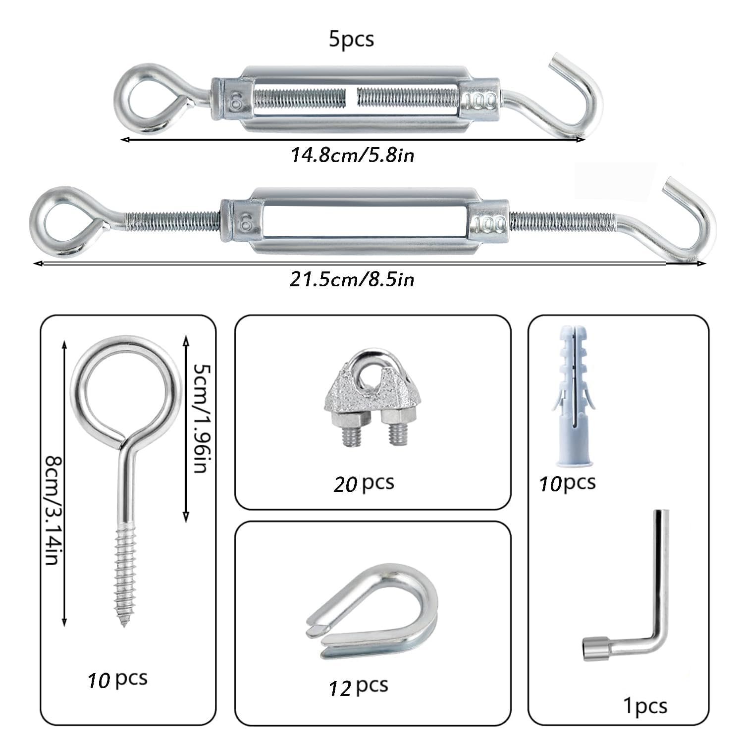 M6 Turnbuckles for Cables Wire Kit, 1/8" PVC Coated Steel Cable Kit w/ 7×7 Strand Core & 100Ft Wire Rope Tensioner Strainer for String Light Hanging/Deck Stair Railings/Shade Sail/Clothes Line