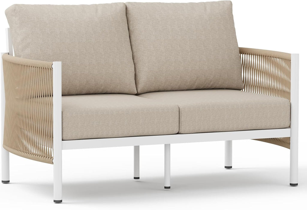 Aluminum Outdoor Patio Couch Loveseat, HDPE Rope Patio Sofa with Washable Thick Cushion, All-Weather Patio Furniture for Balcony, Yard, White Frame, Ivory