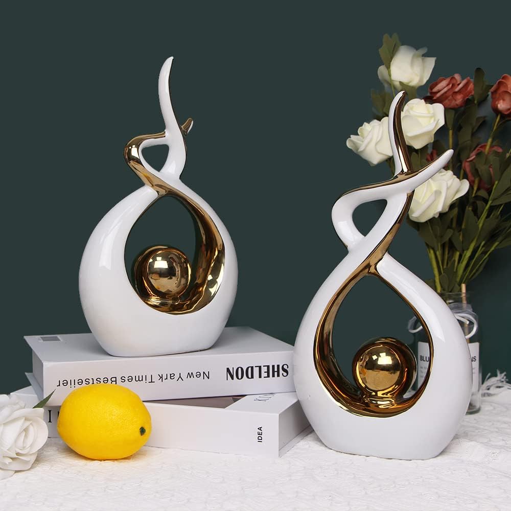 Norrclp Home Decor Modern Abstract Art Ceramic Statue Table Decorations for Dining Room Living Room Office Centerpiece (White and Gold, Large)