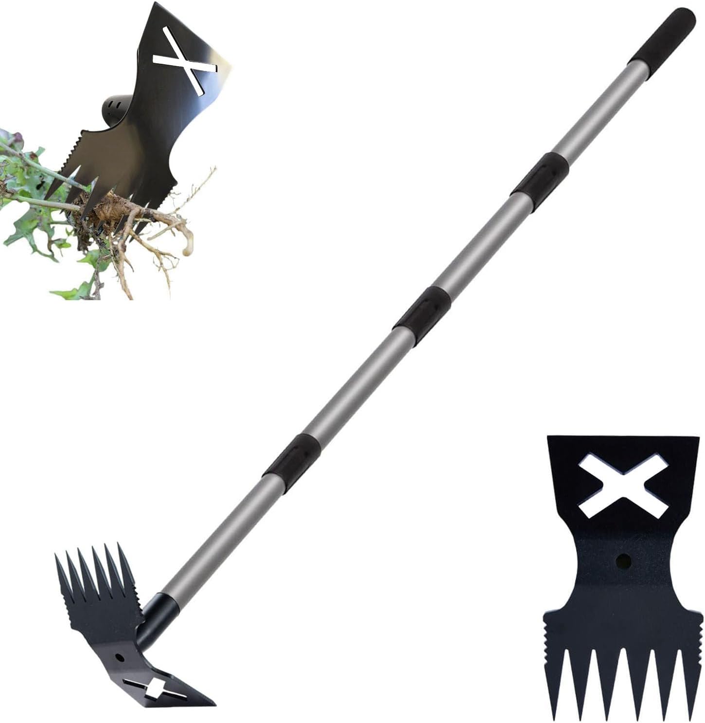 Weed Puller Tool with Long Handle, 60'' Weed Remover Weeding Tool, 2 in 1 Hand Weed Rake and Garden Hoe for Gardening, Uprooting Weeding Tool for Yard, Lawn, Patio, Garden
