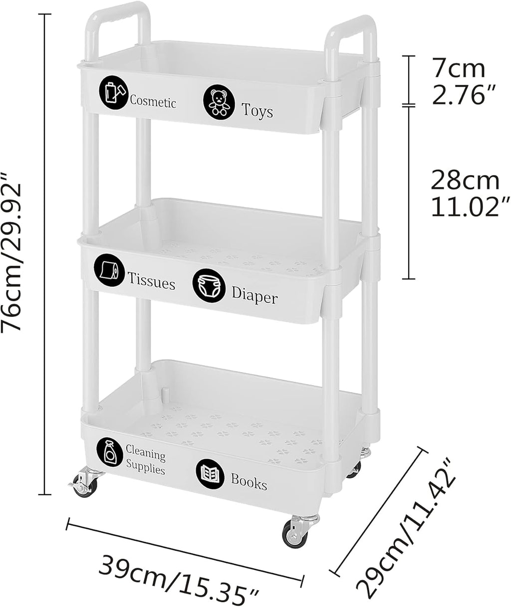 UDEAR 3-Tier Rolling Utility Cart with 12 Category Labels,Multifunctional Storage Shelves with Handle and Lockable Wheels for Room,Office,Kitchen,Bathroom,White