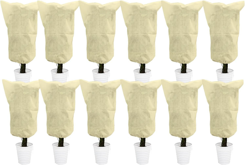 EAONE 12 Pack Plant Covers Freeze Protection, 24x32'' Winter Frosts Cloth for Outdoor Plants, Reusable Frost Blankets Drawstring Bags for Cold Freeze Sun Protection Bird Insect Prevention,Beige