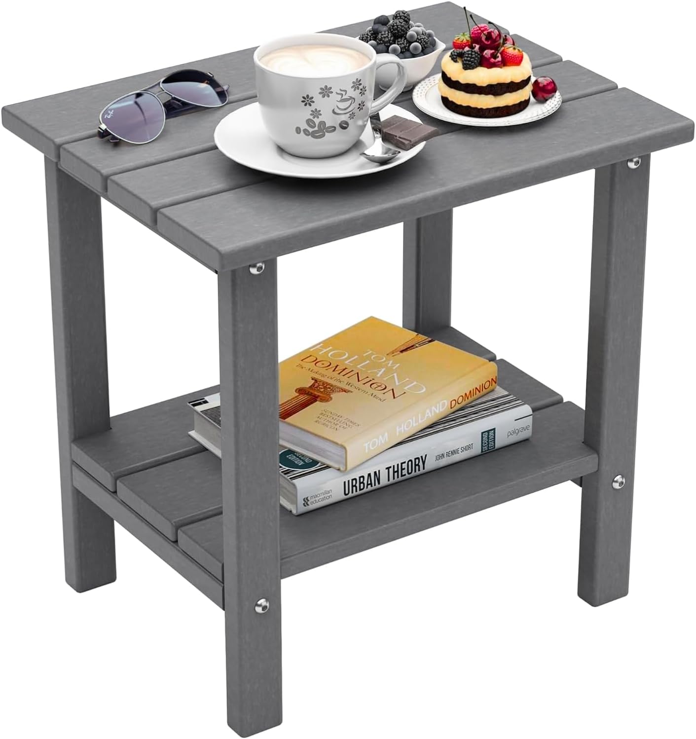 Weather Resistant Outdoor Side Table, Adirondack HDPE Small Outdoor Table, 2-Tier Small Patio Tables for Outside or Indoor,Gray