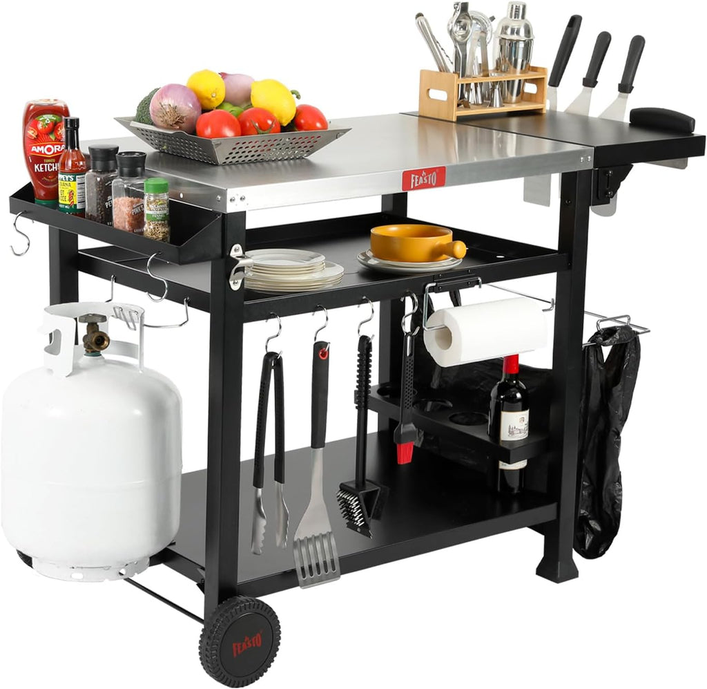 Outdoor Grill Table Cart, Pizza Oven Table Stand for Outdoor Indoor, 40" x 26" Stainless Steel Tabletop Dining BBQ Grill Table with Wheels for Food Prep, 3-Shelf Kitchen Cart Table with Cover