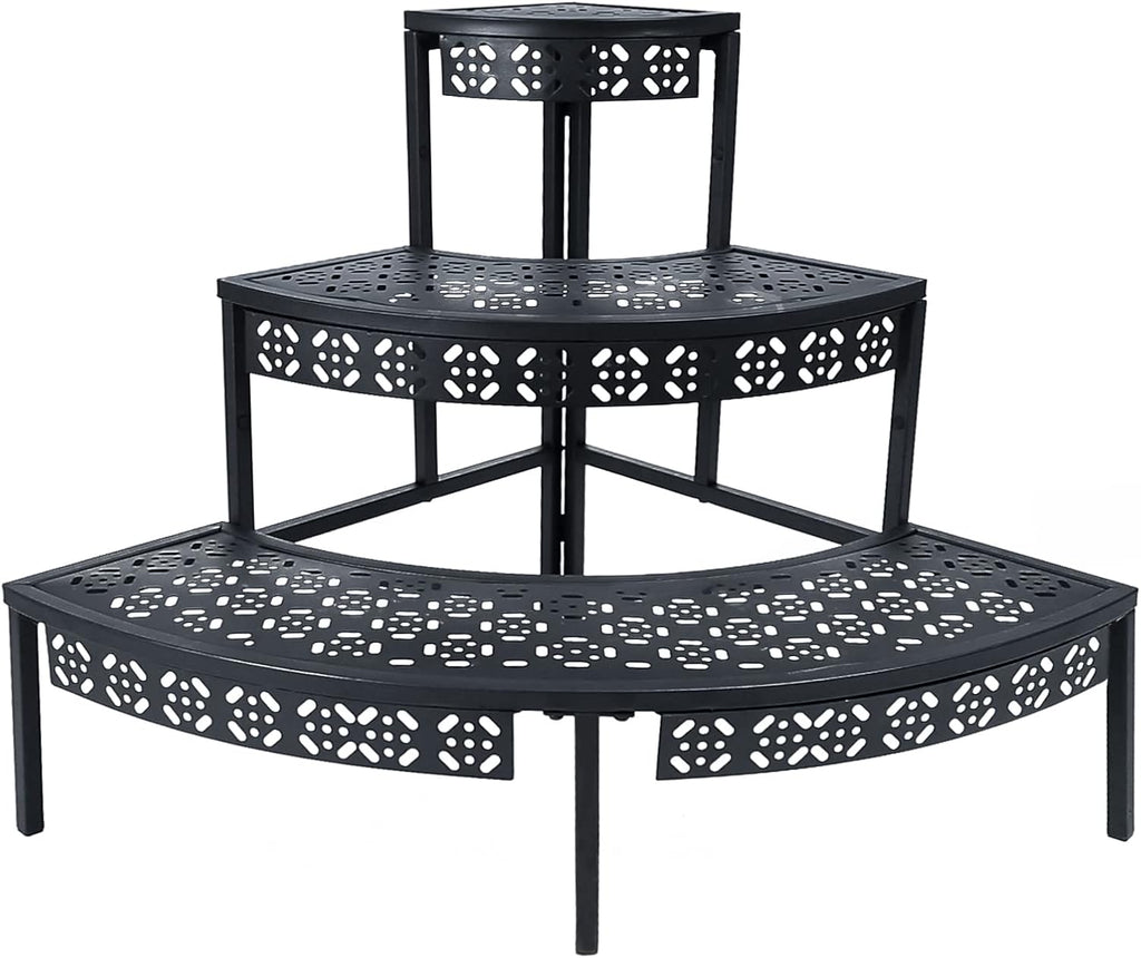 aboxoo 3 Tier Plant Stand Flower Pot Rack, Metal Stair-Step Style Corner Shelf Planters, Quarter Round Display Holder for Indoor Outdoor Use(Black, Semicircle)