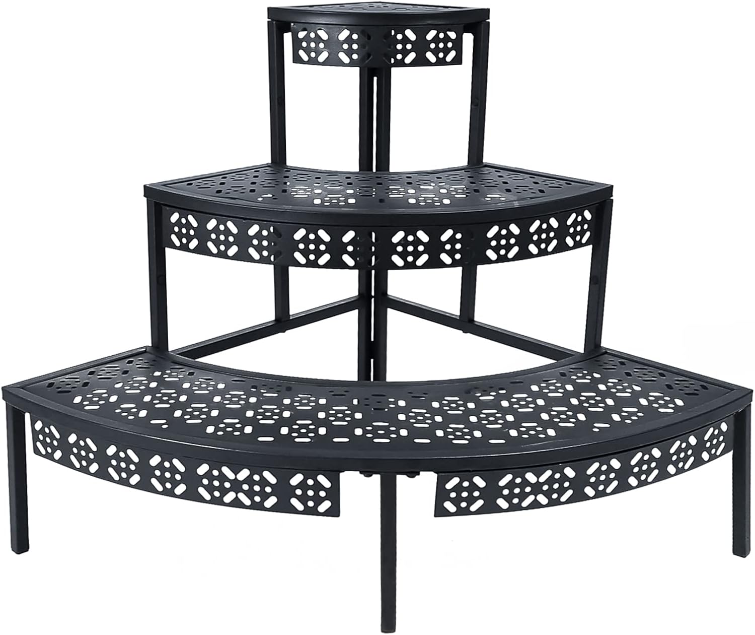 aboxoo 3 Tier Plant Stand Flower Pot Rack, Metal Stair-Step Style Corner Shelf Planters, Quarter Round Display Holder for Indoor Outdoor Use(Black, Semicircle)