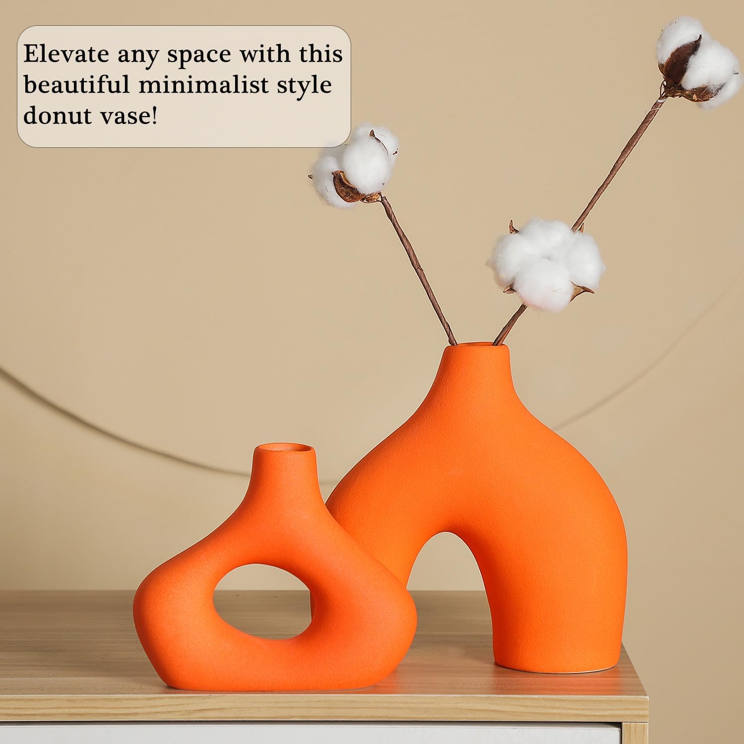 CEMABT Orange Ceramic Vase Set of 2 for Modern Minimalist Bohemian Decor，Round Matte Donut Vases for Pampas Grass-Perfect for Living Room, Dining Table, Office Bedroom Shelf Decor Entryway, Console