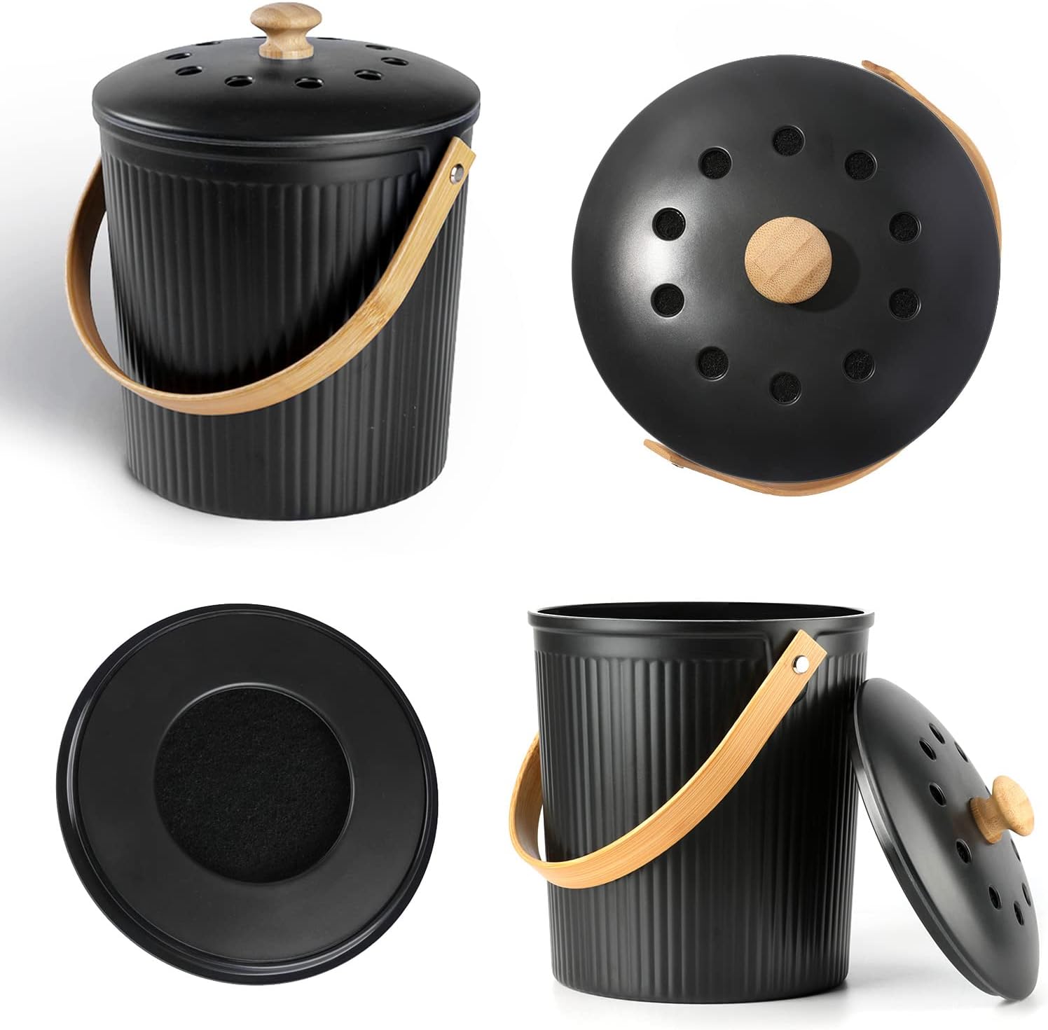 Countertop Compost Bin, LALASTAR Compost Bin Kitchen with Lid, Made of Sustainable Bamboo Fiber, Indoor Food Composter for Kitchen, Odorless, 1 Gallon, Black