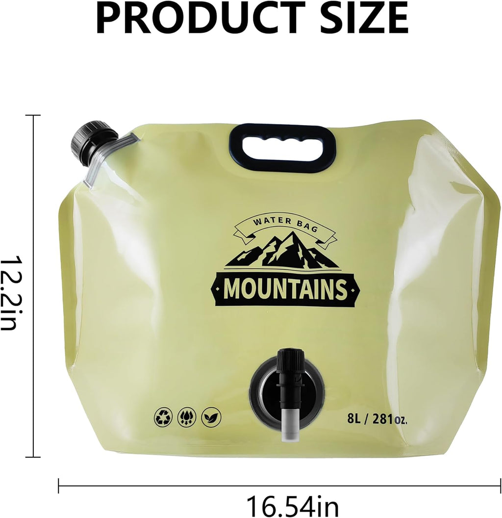 Collapsible 8L Water Storage Bag, BPA-Free Portable Folding Water Jug with Adjustable Faucet, Leakproof Emergency Water Bag for Camping, Hiking, Riding, Outdoor Sport (BEIGE & GREEN, 2)