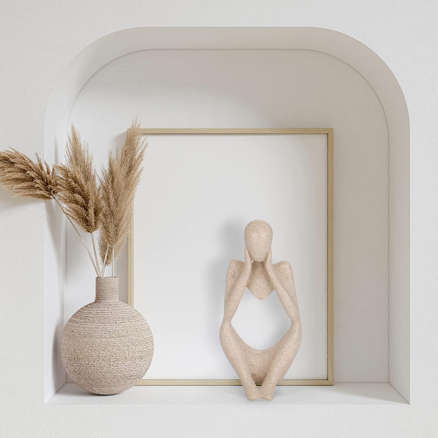 INNOLITES Boho Decor Thinker Statue Abstract Art Sculpture, Sandstone Resin Collectible Figurines for Home Living Room Office Shelf Decoration (Sandstone,Think)