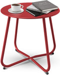 Patio Side Table Waterproof Round Metal Steel Weather Resistant Portable Outdoor and Indoor End Table for Garden Balcony Yard, Dark Red
