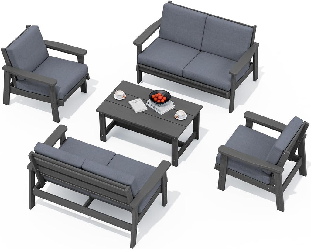 SERWALL HDPE Patio Furniture Set, 5 Piece All Weather Wood-Like Sectional Outdoor Furniture Set, Grey Patio Sofa Couch with Grey Cushions for Deck, Lawn