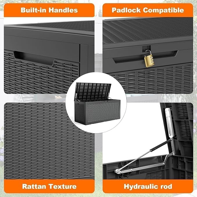 100 Gallon Outdoor Storage Box – Waterproof Deck Box for Garden, Patio & Backyard,Black