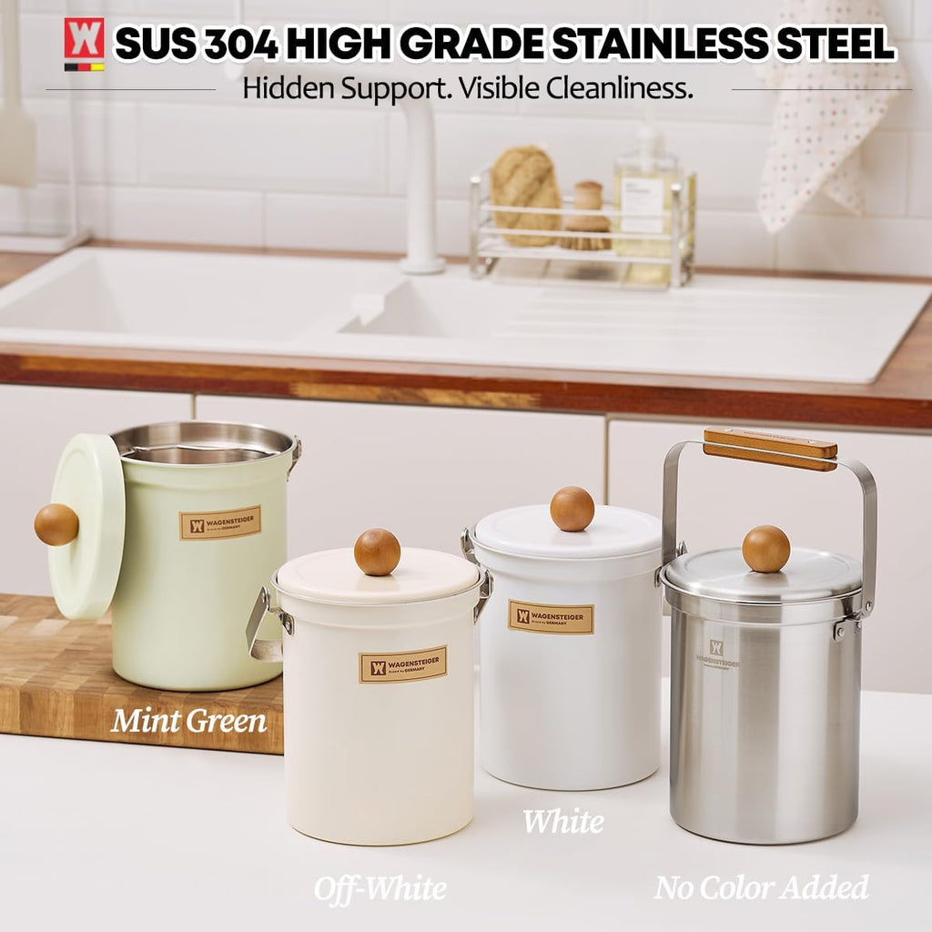 Kitchen Countertop Compost Bin 101ounces / 3Liters, Airtight Lid SUS304 Stainless Steel Odor-Free Food Waste Bin with Wooden Handle Stylish Design/Bathroom Trash Can (White)