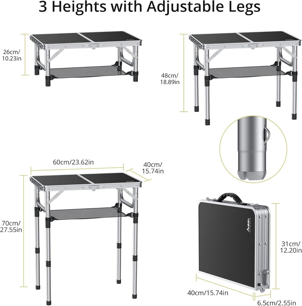 Folding Camping Table, Aluminum 24" x 16" Adjustable Height Small Folding Table with Carrying Handle, Lightweight, Portable Camping Table Waterproof for Outdoor Indoor Picnic Beach BBQ (Black)