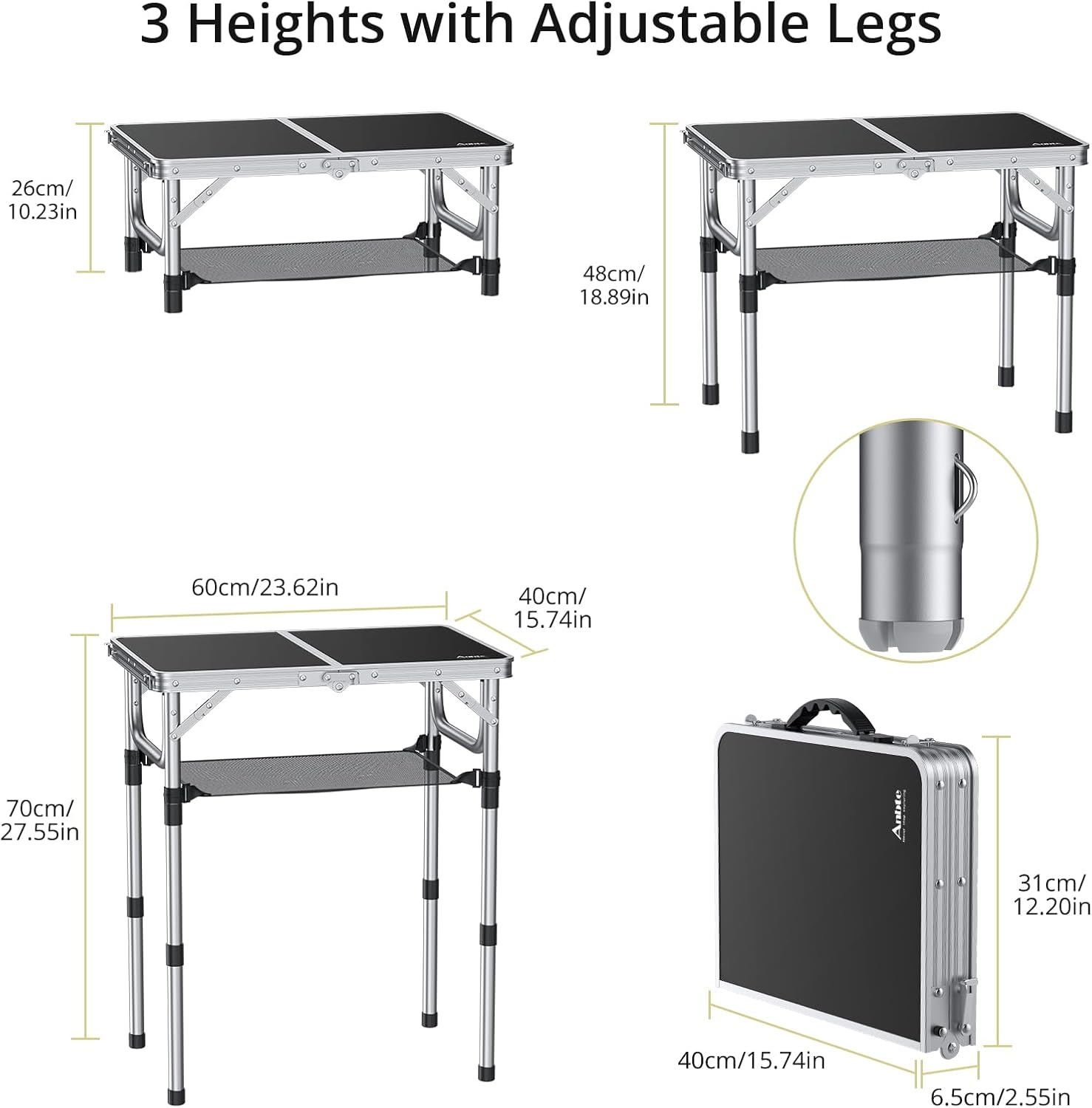 Folding Camping Table, Aluminum 24" x 16" Adjustable Height Small Folding Table with Carrying Handle, Lightweight, Portable Camping Table Waterproof for Outdoor Indoor Picnic Beach BBQ (Black)
