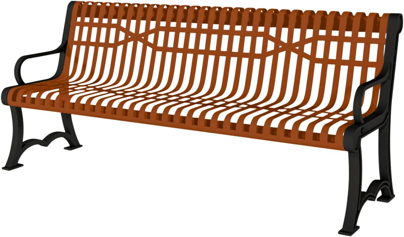 Heavy-Duty Outdoor Bench Thermoplastic Coated, Slatted Steel, Commercial-Grade Garden Bench, Made in America (Portable with Back, 4 Ft, Textured Copper)