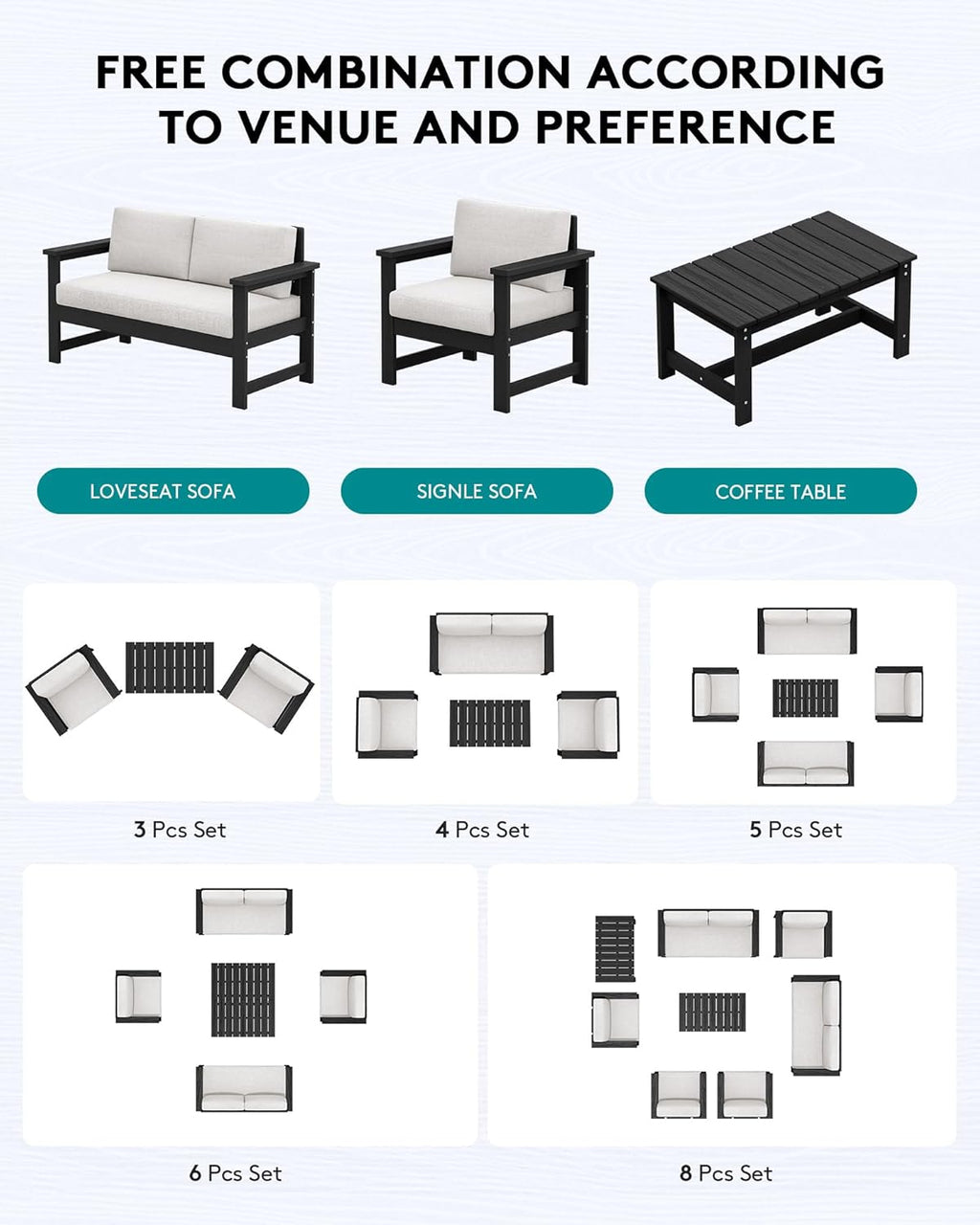 SERWALL 3 Pieces HDPE Outdoor Sofa Set with Cushions, All Weather Use Patio Couch Loveseat Furniture with Coffee Table for Balcony, Deck, Poolside, Black Frame with Khaki Cushions