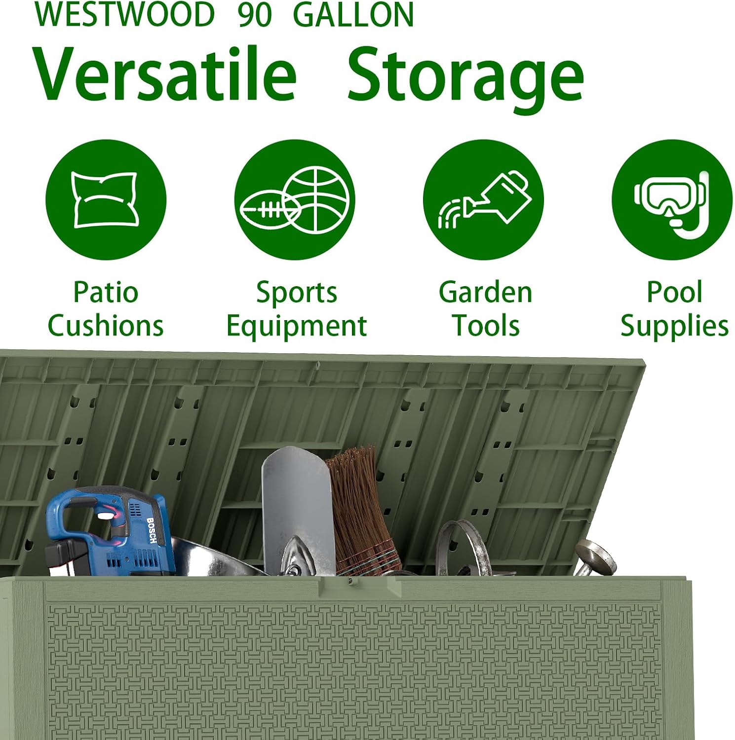Outdoor Storage Box, 90 Gallon Deck Box, Waterproof Resin Storage Bin for Patio Cushions, Gardening Tools, Lockable, UV Resistant,Olive Green