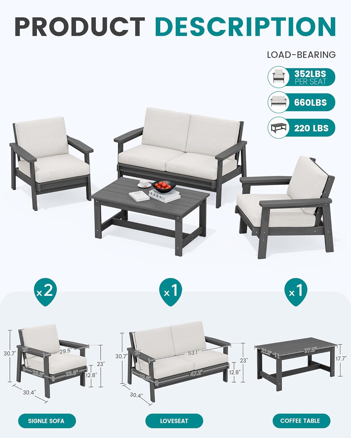 SERWALL HDPE Patio Furniture Set with 15FT Double Side Patio Umbrella, All Weather Wood-Like Outdoor Sofa Sectional Couch, Grey Patio Furniture with Khaki Cushions