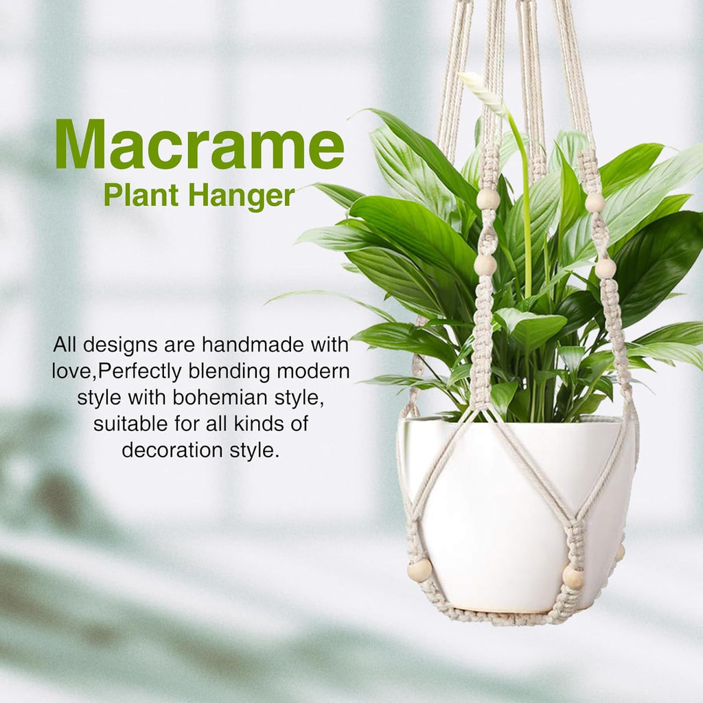 Macrame Plant Hanger Indoor Set of 4 with 8 Hooks, Indoor Outdoor Hanging Planter for Plants Holder with Decorative Wood Beads & No Tassels, Boho Home Decor, 35 Inch Ivory (Pots Not Included)