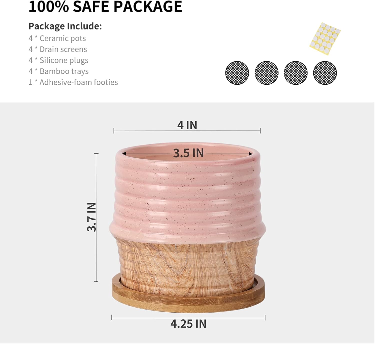 OMAYKEY 4 Inch Ceramic Plant Pot with Saucer, Water Transfer Printing Grain Planters Pots with Drainage Hole & Mesh Pads for Succulent, Indoor Flowers, Snake Plants, Cactus, Herbs, Set of 4