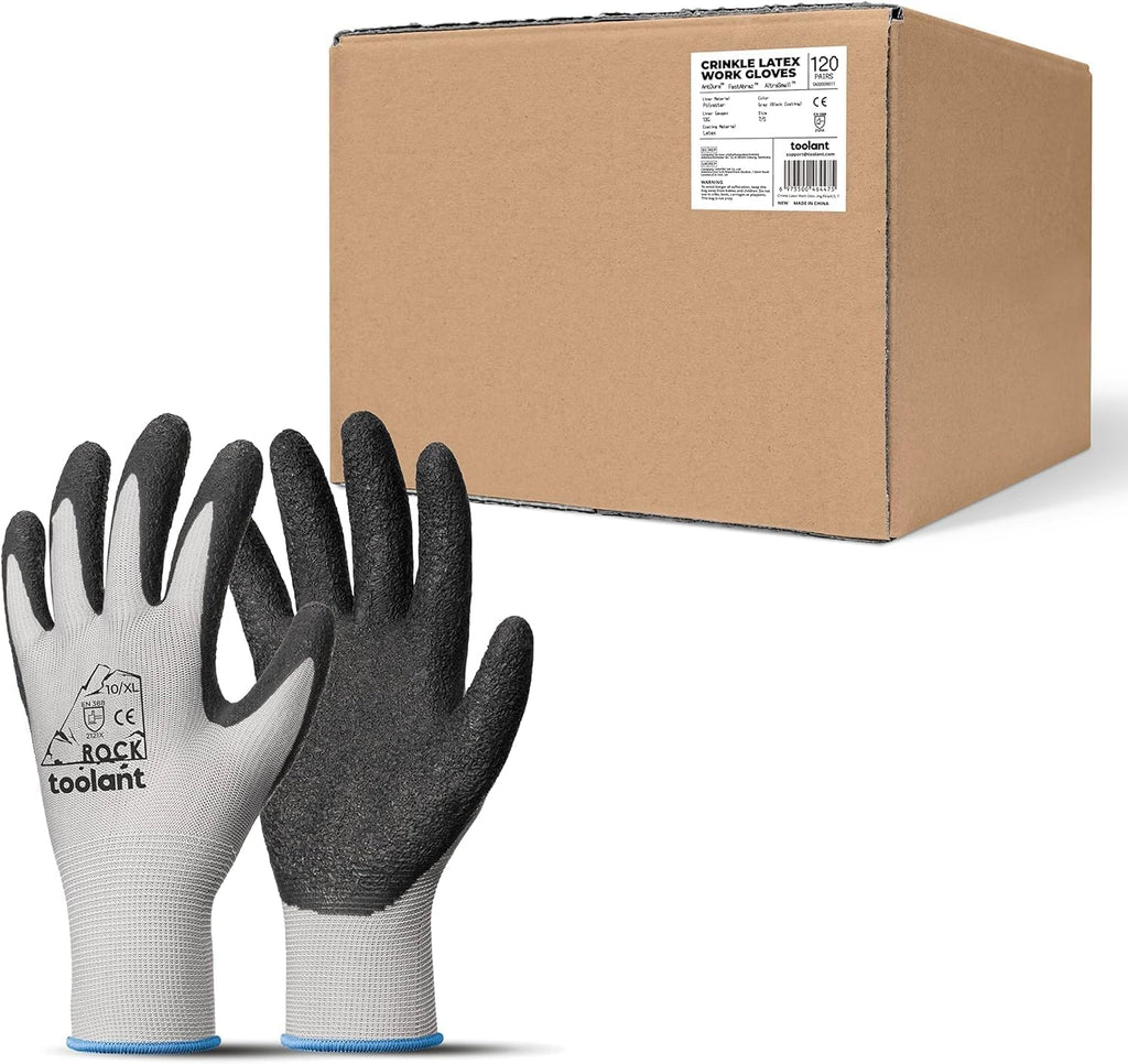 toolant Crinkle Latex Work Gloves Bulk, Rubber Coated Safety Work Gloves for Men and Women, 120 Pairs for Construction, Gardening, Warehouse (Gray, XL)